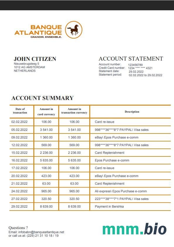 Szablon wyciągu bankowego Benin Bank Of Africa w programie Word i PDF